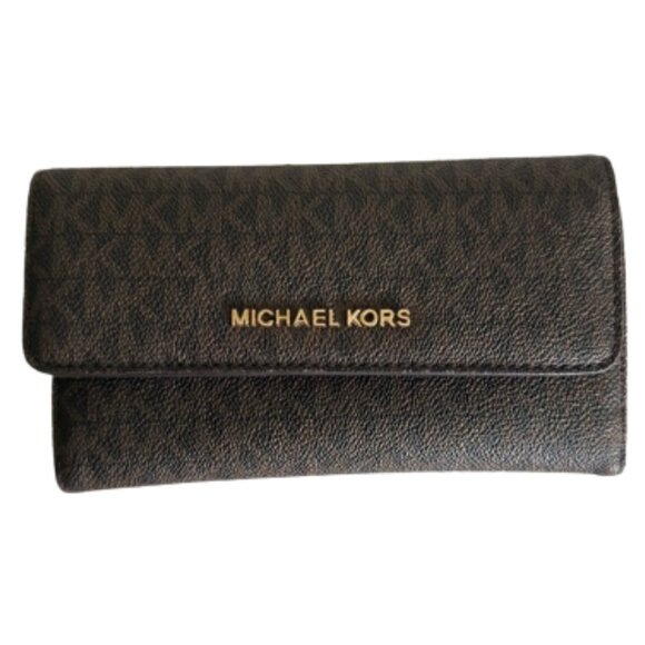 Michael Kors Espresso Brown Monogram Wallet With Red Interior - Picture 1 of 12